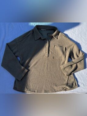 Waffle Knit Long Sleeve Polo Sweatshirt - Olive
